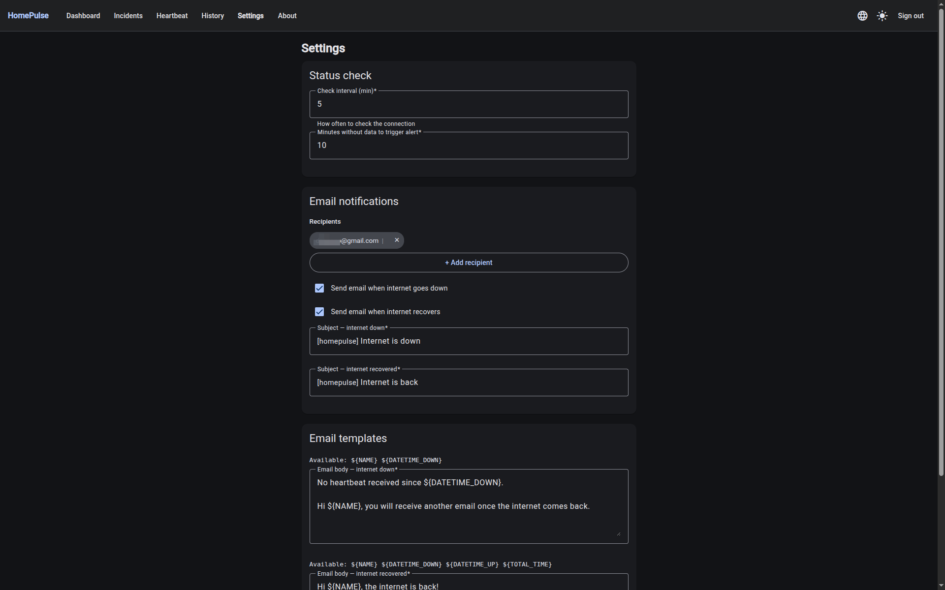 HomePulse Settings — Notifications