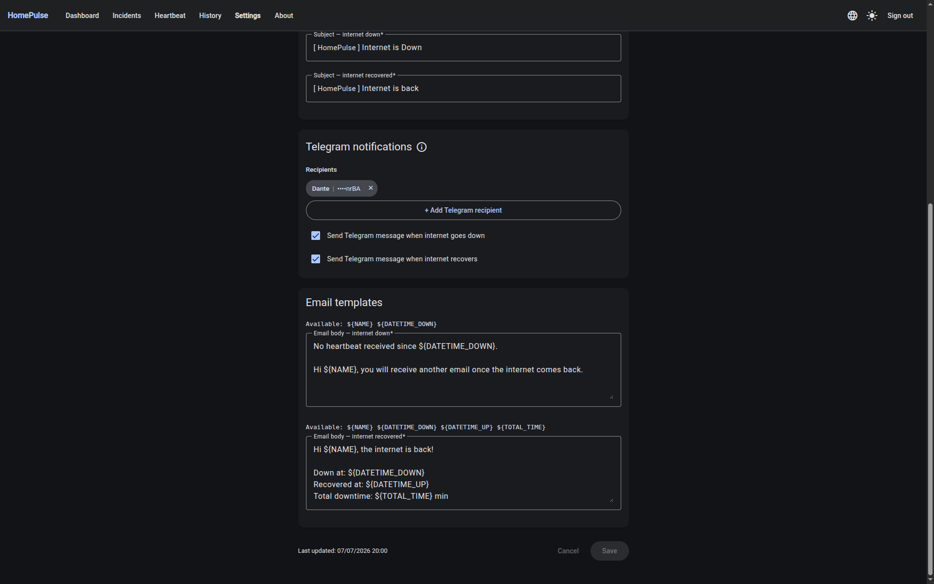 HomePulse Settings — Telegram Notifications