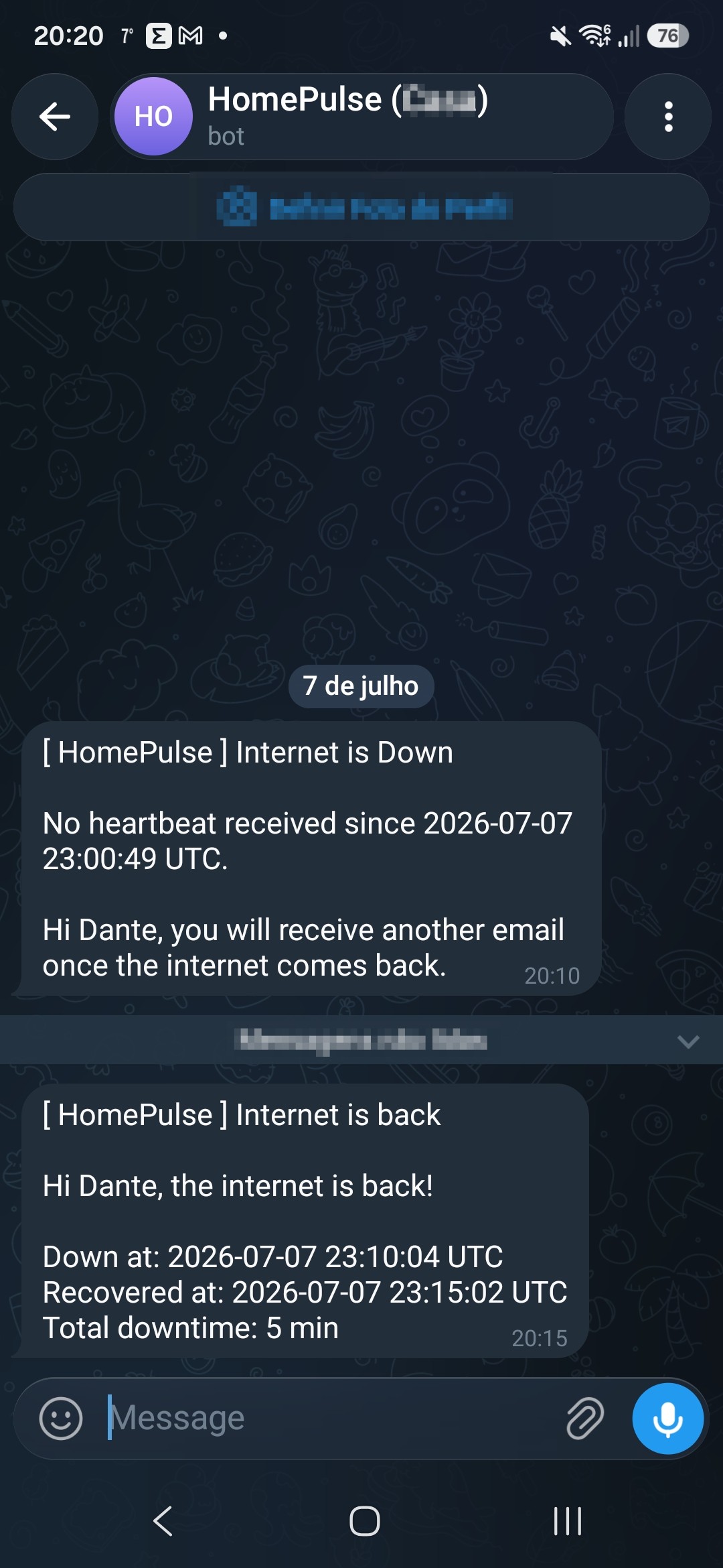 HomePulse Telegram alert on phone